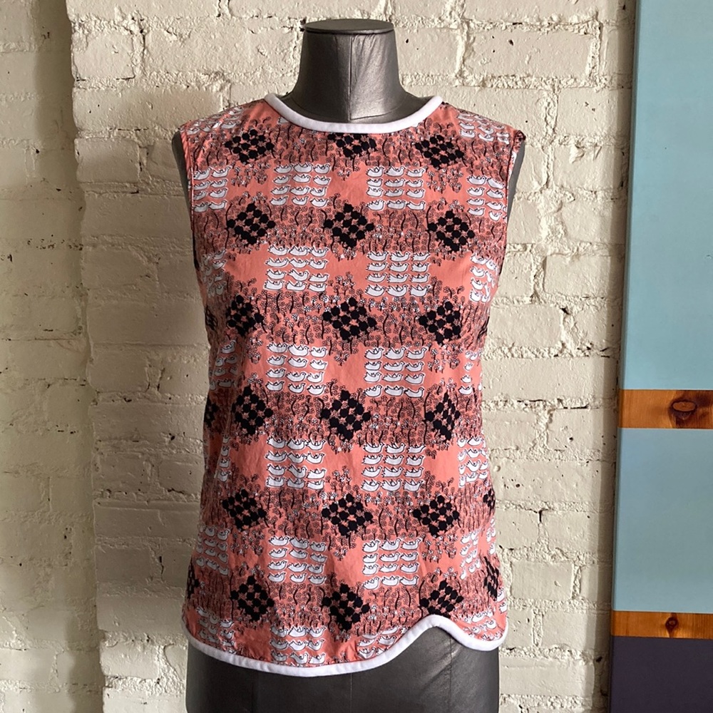 Marni sleeveless bird print cotton top with curved hem size 38 XS